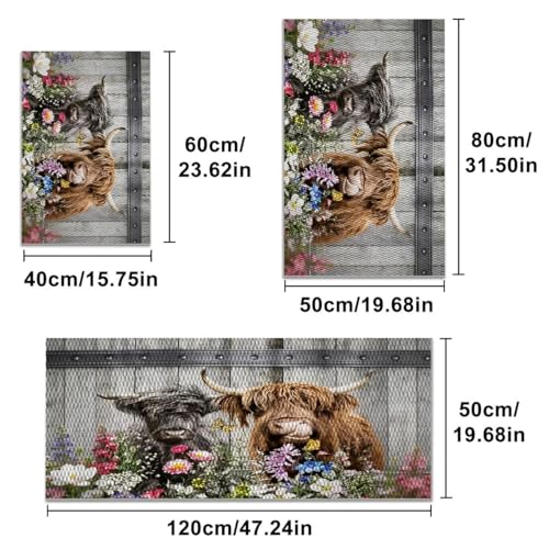 Farmhouse Kitchen Rugs Set of 3, Non Slip Washable Durable Stain Resistant Floor Mat Set,Highland Cow Floral Fence Retro Kitchen Runner Rug 16"X24"+20"X32"+20"X47" - color: Multicolour-highland Cow Floral