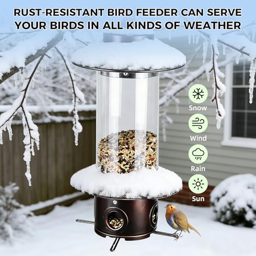 Squirrel Proof Bird Feeders for Outdoor: 4.8LB Large Capacity Hanging Bird Feeder, Weight-Activated Mechanism Wild Bird Feeders, Chew-Proof Metal Birdfeeder for Finch Cardinal Chickadee - color: Brown