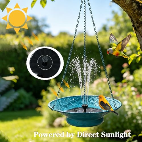 Metal 12.6" Hanging Bird Bath with Solar Fountain for Outside | Hanging Solar Bird Bath Hanging Birdbath Bubbler for Outdoors Backyard Patio Garden Decor, Blue - color: Blue