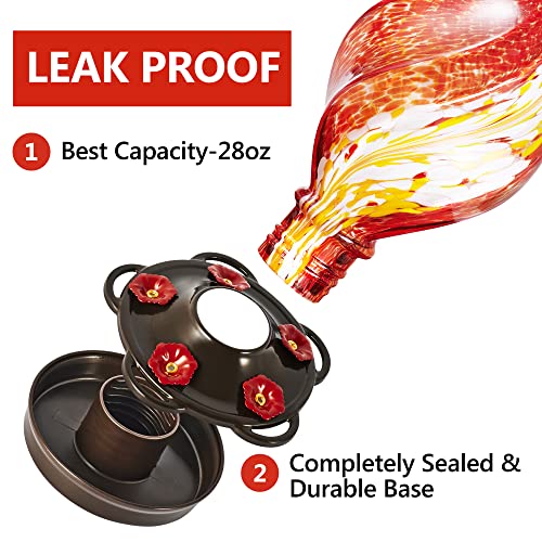 LUJII Ice Cream Shaped Spiral Hummingbird Feeder, Hand Blown Glass, 28 fl.oz, Leak Proof & Rustproof, Includes an Ant Moat for Outdoors Hanging, Unique & Stylish Garden, Outside & Backyard Decor (Red) - color: Red, size: Small