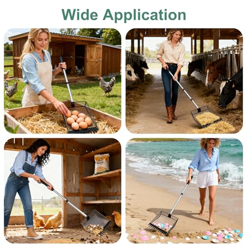 Chicken Poop Scooper & Rake 2-in-1，Litter Sifting Shovel，Metal Chicken Coop Scoop with Adjustable Handle(34" to 65") for Chicken Run, Animal Farm, Duck Coop Black