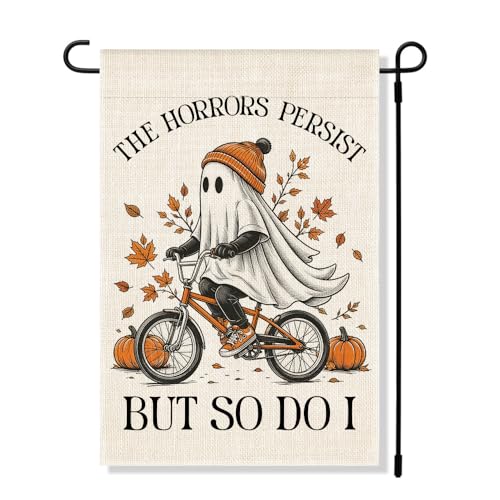 RZHV The Horrors Persist But So Do I Double-Sided Garden Flag for Outdoor House Yard Sign Garden Decor Parade, Funny Autumn Ghost Social Justice Front Yard Flag, Halloween House Outdoor Decor Banner - color: Horrors F