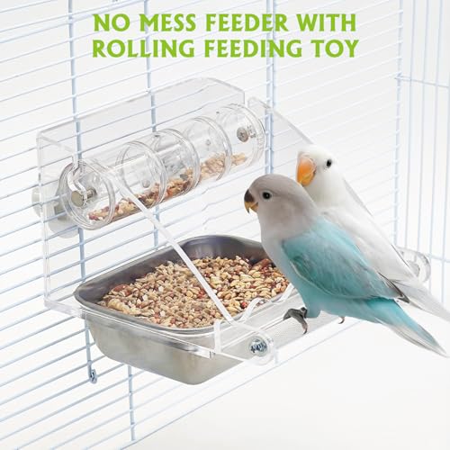 BNOSDM Bird Feeder for Cage with Rotating Foraging Toy No Mess Acrylic Hanging Food & Water Dispenser with Stainless Steel Bowl & Anti-Slip Perch Stand for Parrot, Budgie, Parakeet, Lovebird, Canary