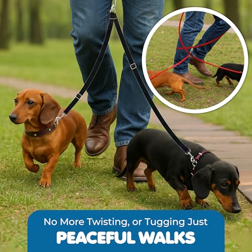 SunGrow 16-24" Adjustable Double Dog Walker Leash, Lightweight Dual Lead with 360° Swivel Zinc-Alloy Clips, Durable Polypropylene Strap, Fits Small to Medium Breeds, Ideal for Daily Walks & Training - size: 16 - 24 in