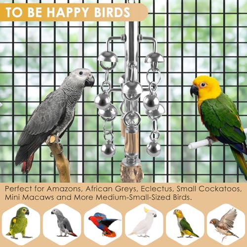 KATUMO Large Bird Toys, Natural Wooden and 304 Stainless Steel Bell Toy for Parrots, 1.46 LB Heavy Birds Cage Toy for Amazon Parrot, African Greys, Budgies, Lovebirds, Cockatiels,Cockatoo - color: Silvery