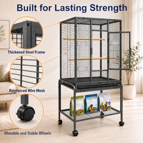 54-Inch Bird Cage with Horizontal Wire Design, Wrought Iron Bird Flight Cage with Rolling Stand, and Slide-Out Tray Suitable for Parrot, Cockatiel, Lovebird, Finch, Pigeon.