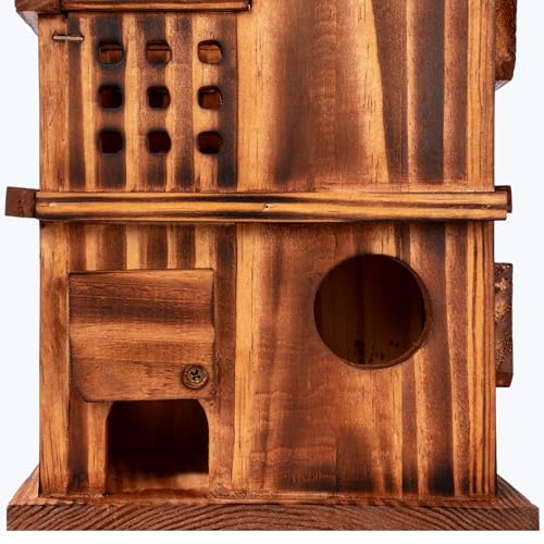 MIXUMON 8-Room Wooden Bird House with 2 Front Feeders – Large Outdoor Birdhouse for Multiple Birds, 1.57” Entrance Holes, Easy Access Cleaning Doors, Rustic Burnt Wood Design for Garden, Yard & Patio