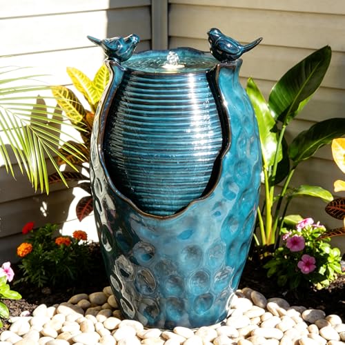 Autodaya 25" H Jar Ceramic Outdoor Water Fountain with LED Lights and Birds | Elegant Turquoise Glaze with Bubble-Like Texture, Decorative Garden Water Feature, cascading water flow for yard sanctuary - color: 25"h Turquoise