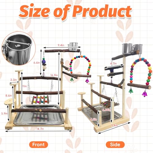 Kathson Wood Bird Playground Parrot Play Stand Bird Stand with Feeder Cups Birds Perch Stand with Ladder Hanging Swing Chewing Toys Conure Cage Accessories for Parakeet Conure Lovebird Cockatiel - size: Three floors
