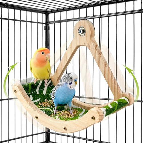 FlidRunest Upgrade Bird Perch Toy with Hammock, Interactive Rocking Parakeet Foraging Toys Green Fabric Mat Hammock, Wooden Exercise Wheel Birds Enrichment Toy Cage Accessories for Budgies Conure