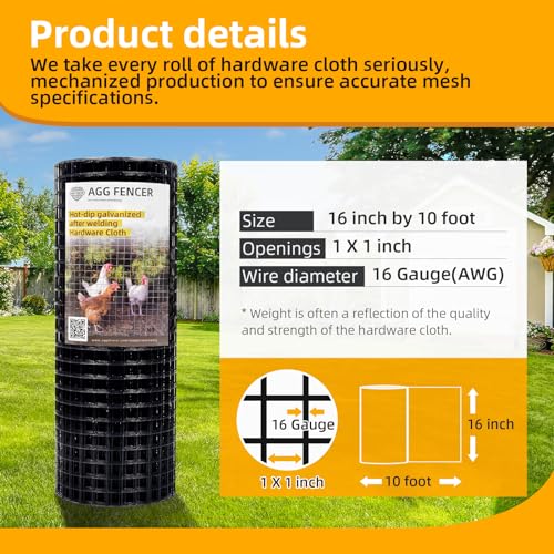 16in x 10ft Black Hardware Cloth 1 inch 16Ga PVC Coated Mesh | Vinyl Coated Fence, Welded Metal Chicken Wire Fencing Roll, Garden Plant Fencing, for Chicken Coop and Home Improvement - size: 1 inch 16in x 10ft