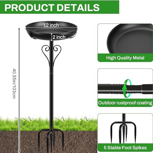 Metal Bird Bath for Outside, Vintage Freestanding Birdbaths with Metal Stake, Upgraded 5 Pronged Base Birdfeeder Feeder Bowl for Outdoors Garden Patio Yard Lawn Decor (Black) - color: Black