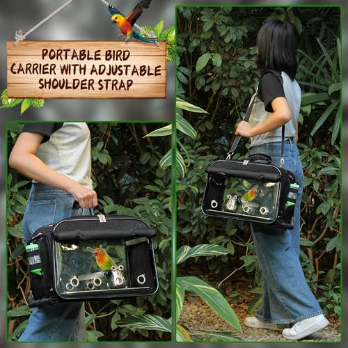 Bird Carrier Airline Approved, Bird Travel Cage with Indestructible Stainless Steel Mesh, Bird Travel Bag Lightweight and Portable with Water Bottle and Bowl - color: Black