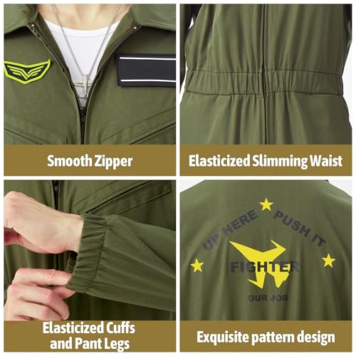JoeRita Fighter Pilot Costume Men Flight Suit Aero Jumpsuit Women Halloween | Custom DIY Patches, Comfortable Fabric, Classic Pilot Outfit - size: XX-Large
