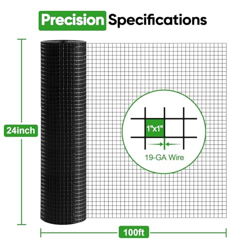 Black Hardware Cloth 24 in x 100 ft, 1 Inch Hardware Cloth, 19 Gauge Vinyl-Coated Steel 1x1 Welded Wire Mesh Roll for Chicken Wire Fencing, Chicken Coop, Garden Fence, Rabbit Fence and Catio