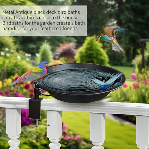 WANGIRO 11.5" 2-in-1 Bird Bath & Feeder Clamp-On Deck Mounted Frosted Black | Rust-Proof Bracket Sturdy Clamp Fits 2.5" Deck Rails Tool-Free Setup, Detachable Easy Clean for Outdoor Garden Patio Yard
