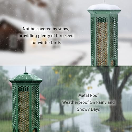 Squirrel Proof Bird Feeders, Bird Feeder for Outdoors with Removable Base, 6 Ports Perches Gravity Protection Squirrel Proof Wild Bird Feeders, 3LB Seed Capacity, Green