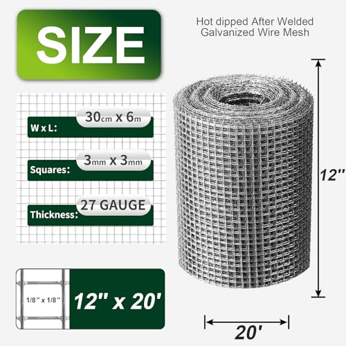 1/8 Inch Hardware Cloth 12'' x 20' 27 Gauge Hot Dip Galvanized Welded Wire Mesh for Chicken House/Coop Fencing, Animal Cage Netting, Bee Swarm Protection Netting and Poultry Enclosures - size: 12in x 20ft