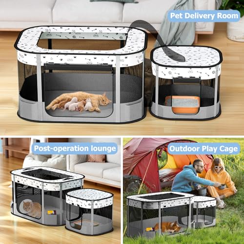 Portable Cat Playpen, Foldable Pet Dog Playpen, for Kitten Puppy Play Pen Indoor/Outdoor, Cats Enclosure Cages Tent with Carrying Case, 600D Oxford 8-Rods, 32"x24"x22", Grey - color: Grey