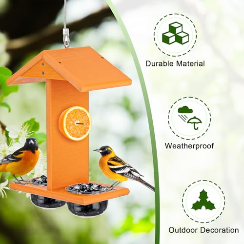 Gbekery Oriole Feeders for Outdoors Hanging,All-in-One Recycled Plastic Oriole Feeder with Two Removable Glass Cups Jelly or Jam, Fruit, Nectar or Seed for Orioles,Orange,1 Pack - size: 1 Pack with two cups