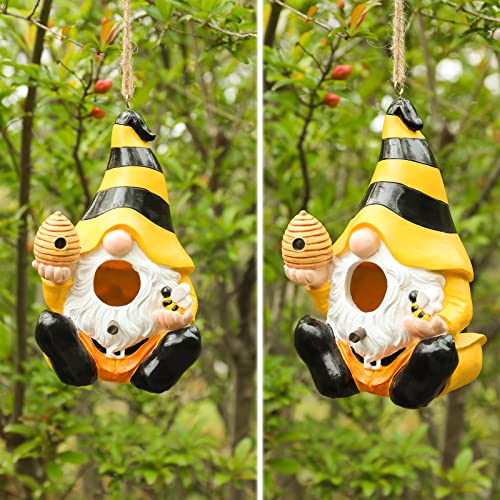 Yinns Resin Bird House, Decorative Gnome Birdhouse for Outdoor Garden Decor | Birdhouses for Outdoors, Hanging Funny Gnomes Birdhouse for Outside Garden Decor for Humming Bird, Bluebird, Nesting - color: C-Yellow gnome