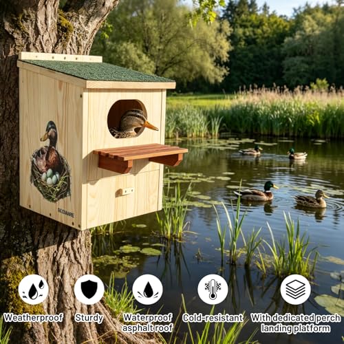 Large Wood Duck House – Weatherproof Roof, Duck Perch Platform | Duck nesting box for yards, ponds, wetlands. Predator-proof entrance, duckling ladder, easy-clean. Fits trees, posts, walls.
