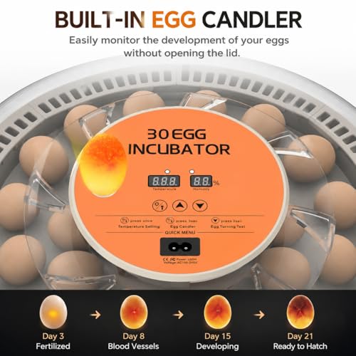 30 Egg Incubator with Automatic Egg Turning, Temperature Control and Humidity Monitor Incubators for Hatching Eggs, Chicken, Ducks, Goose, Pigeon, Quail, Parrot Incubator for Farm, Lab