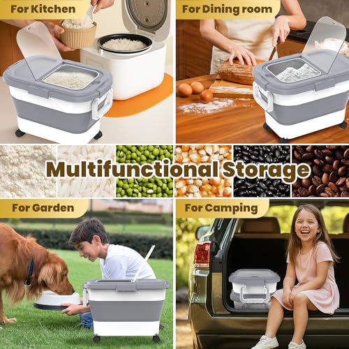 HOYTAMDA 20-30Lbs Rice Container,Collapsible Food Storage Container Wheels | Rice Storage Container with Airtight Locking Lid,Handle,Small Bin &Scoop,Rice Dispenser for Flour Sugar Cereal Grain Dog Cat - color: Grey/20-30lbs