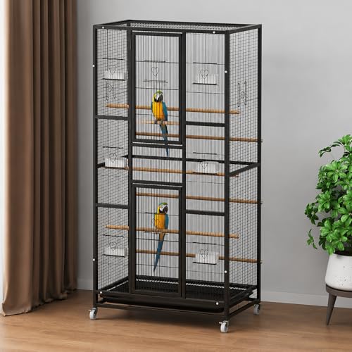 57.4" Extra Large Bird Cage for Parrots, Flight Cage with Rolling Stand, 6 Perches, Feeding Cups, Removable Tray & Play Accessories, Metal Aviary Cage for Parakeets, Macaws, Cockatoos(Black)