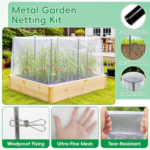 Metal Garden Netting Covers Kit, 6 Pack 2.6FT Poles, 10FTX13FT Mesh | Raised Beds, Garden Poles Support Stakes, 12 Clips, Insect Pest Barrier, Vegetables, Fruits, Flowers, Garden Protection - size: 2.6FT