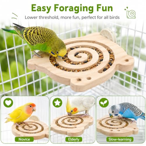 Bird Foraging Toy with Perch, Natural Kiln-Dried Wood Slow Feeder Puzzle Toy for Parakeets, Budgies Cockatiels Conures Relieve Boredom Reduce Seed Mess Prevent Overgrown Beaks for Small & Medium Birds