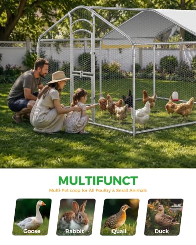 Large Metal Chicken Coop with Run, Walk-in Chicken Run for Yard with Waterproof & Anti-UV Cover, Spire Roof Outdoor Poultry Cage for Chickens Ducks Rabbits Backyard Farm