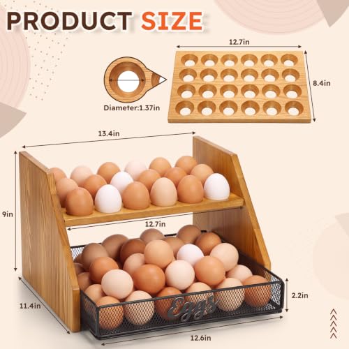 LemonRoad Wooden Egg Holder Fresh Egg Holders with Wire Basket Organizer for Countertop 24+60 Eggs Rustic Kitchen Organizer Basket for Gathering Fresh Chicken/Duck/Quail/Turkey Eggs (Wood Color) - color: Wood Color