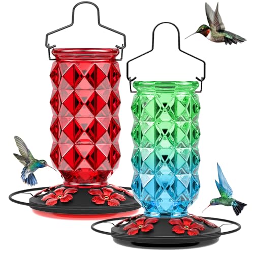 2 Pack Glass Hummingbird Feeders for Outdoors, 25 Ounces Wild Bird Nectar Feeder with Perch & 5 Flower Feeding Ports Leak Proof Hanging for Garden Backyard Decor, Gifts for Women Mom, Red & GreenBlue - color: 2 Pack Diamond Sparkling Red & GreenBlue