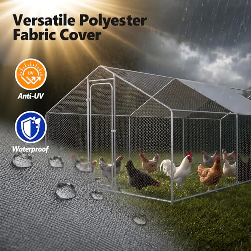 Metal Chicken Coop with Waterproof Pitched Roof, 19.7×9.8×6.4ft | Thickened Steel Frame, Predator-Proof Wire, Weatherproof & UV Resistant Cover, Detailed Assembly Guide & Tool Kit - size: 236.4"L x 118.1"W x 76.8"H