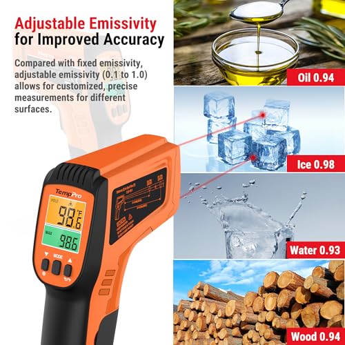TempPro TempScan Infrared Thermometer Gun with 2 Laser for Pizza Oven Grill | 16:1 D:S Ratio Temperature Gun for Cooking HVAC Engine, Laser Thermometer Gun with Adjustable Emissivity Temp Gun -58℉-1022℉ - style: 2-Laser & D:S 16:1