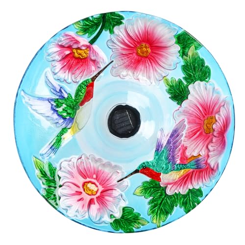 MUMTOP Glass Bird Bath Solar Birdbath with Metal Stand Garden Flower Decor | 18" Diameter 21.65" Height Outdoor Bird Baths for Lawn Yard Decor, Solar Large Birdbath Hummingbirds Bird Feeder - color: Hummingbirds