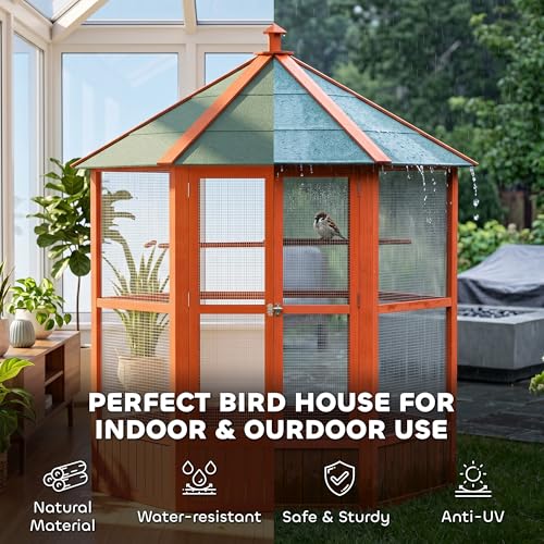PawHut 44" Hexagon Covered Canopy Bird Cage with Stand Orange | Portable Aviary Flight Cage for Cockatiels, Conures, Lovebirds, Budgies & Small Birds