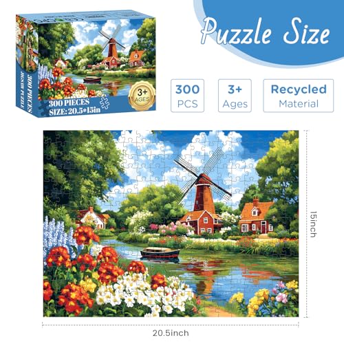 300 Piece Puzzles for Adult, Windmill River and Flower Jigsaw Puzzles - style: Windmill River