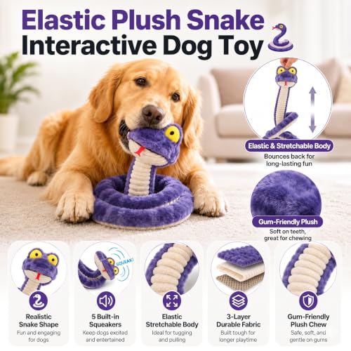 Squeaky Dog Plush Chew Toy, Interactive Tug Squeaky Toy for Chewers, Medium & Large Dogs & Fetch Play, 39.4 in Stuffed Silly Snake Toy with Elastic Stretchable Body for Gentle Gum Care&Boredom Relief - color: Purple (Silly Snake)