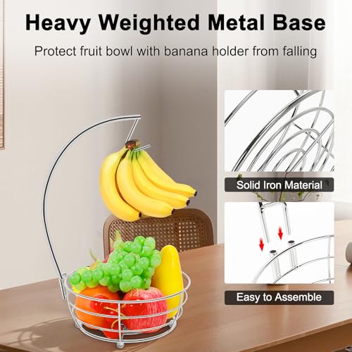 Livabber Countertop Fruit Basket Bowl with Banana Hanger, Modern Standing Fruit Vegetable Bowl Storage, with Banana Tree Holder for Kitchen Dinning Table (Round Metal, Chrome) - color: Chrome, style: Round Metal