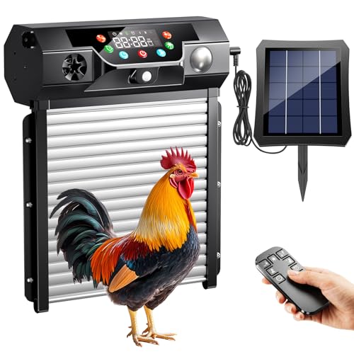 Automatic Chicken Coop Door Solar Powered, Roll-Up Chicken Door with Timer & Light Sensor, Anti-Pinch Safety Auto Chicken Door with Remote Control, Weatherproof Aluminum Coop Door (Black)