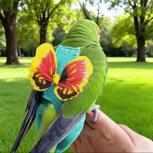 Escape-Proof Parrot Harness & Leash Set with Diaper - Adjustable Flight Suit with Bow & Safety Cord for Conures, African Grey, Parakeets, Doves (Yellow-S) - size: Yellow bow-S
