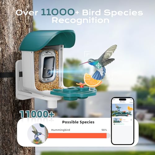 Bird Feeder with Camera Solar Powered, 2K HD Birds Feeder Camera for Outdoors, Instant Motion Detection & Alerts, AI Smart Identify Birds Species, Gifts for Mom Dad and Bird-Lovers(Cyan-Blue) - color: Cyan-Blue