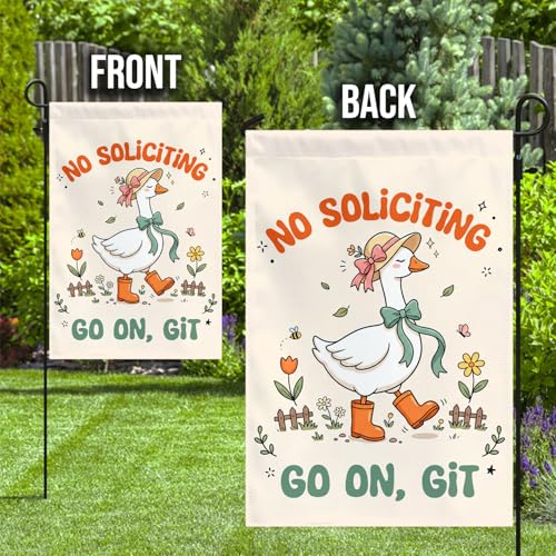 MAIANEY No Soliciting Garden Flag Cute Goose Go On Git Funny Yard Banner 12x18 Inch Double Sided, Farmhouse Porch Lawn Outdoor Decor, Rustic Welcome Sign for Home