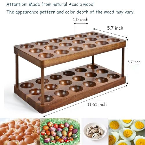 Acacia Wooden Double Layer Egg Holder, 36 Capacity Farmhouse Kitchen 2 Tier Fresh Egg Storage Rack Basket, Deviled Eggs Plates Eggs Tray Organizer for Countertop