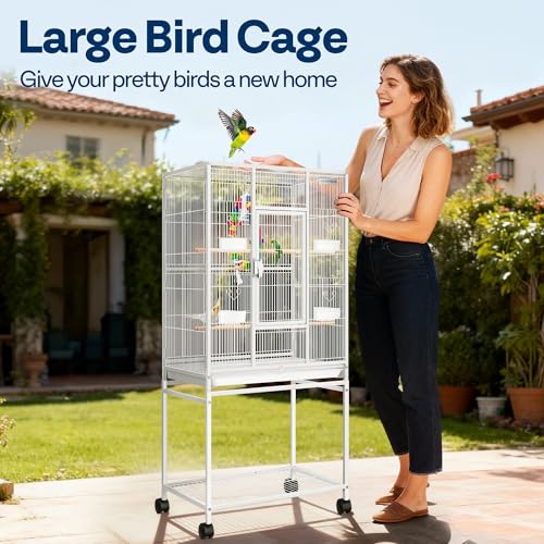 VIVOHOME 54 Inch Wrought Iron Large Bird Cage with Rolling Stand | Bird Flight Cage with Stand, Casters, Slide-out Tray for Parakeets Canaries Parrot Cockatiels Lovebirds Conures, Whtie - color: White