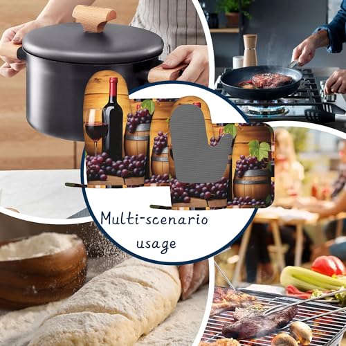 Kitchen Mitts Set,Grape Wine Bottle Oven Mitts and Pot Holders Sets,Thick Cotton Heat Resistant Farmhouse Barrel Hot Pan Holder Extra Long Cooking Mitts for Cooking Baking Grilling BBQ Bakeries - color: Grape Wine Bottle