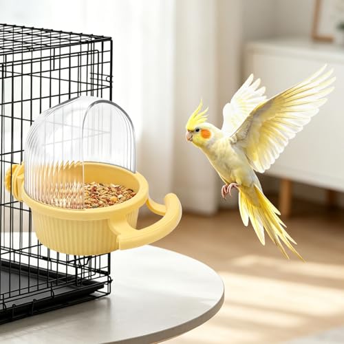 Litewoo No Mess Bird Feeder for Cage Parrot Seed Food Water Bowl (Yellow) | No mess, with dispenser, multifunctional, large capacity, for parrot/quaker/lory/conure/cockatiel/senegal parrot/caique - color: Yellow