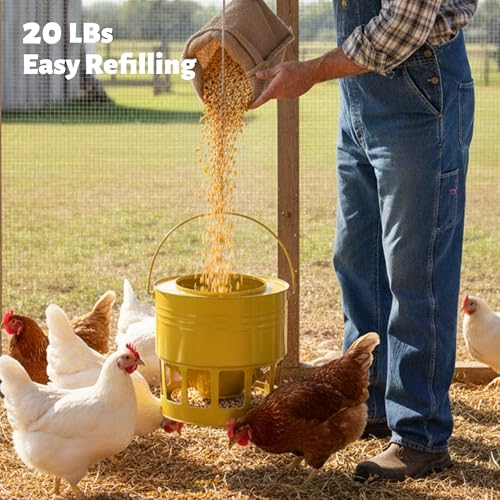 KOL Hanging Chicken Feeder – 20lbs Metal Chicken Feeder No Waste, Adjustable Poultry Feeder with 12 Ports, No Installation & Universal Height Design (Yellow) - color: Yellow